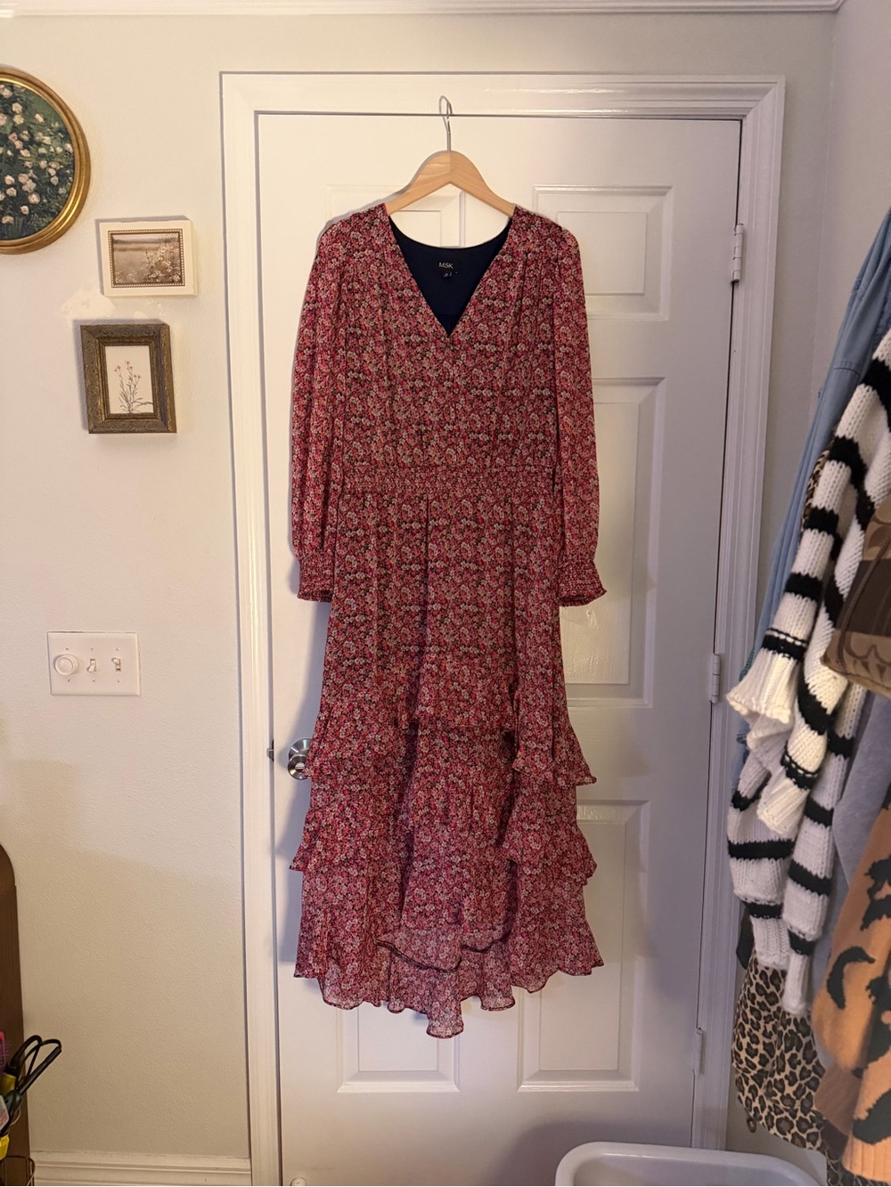 Pink floral long sleeve v-neck smocked waist tiered ruffle maxi dress